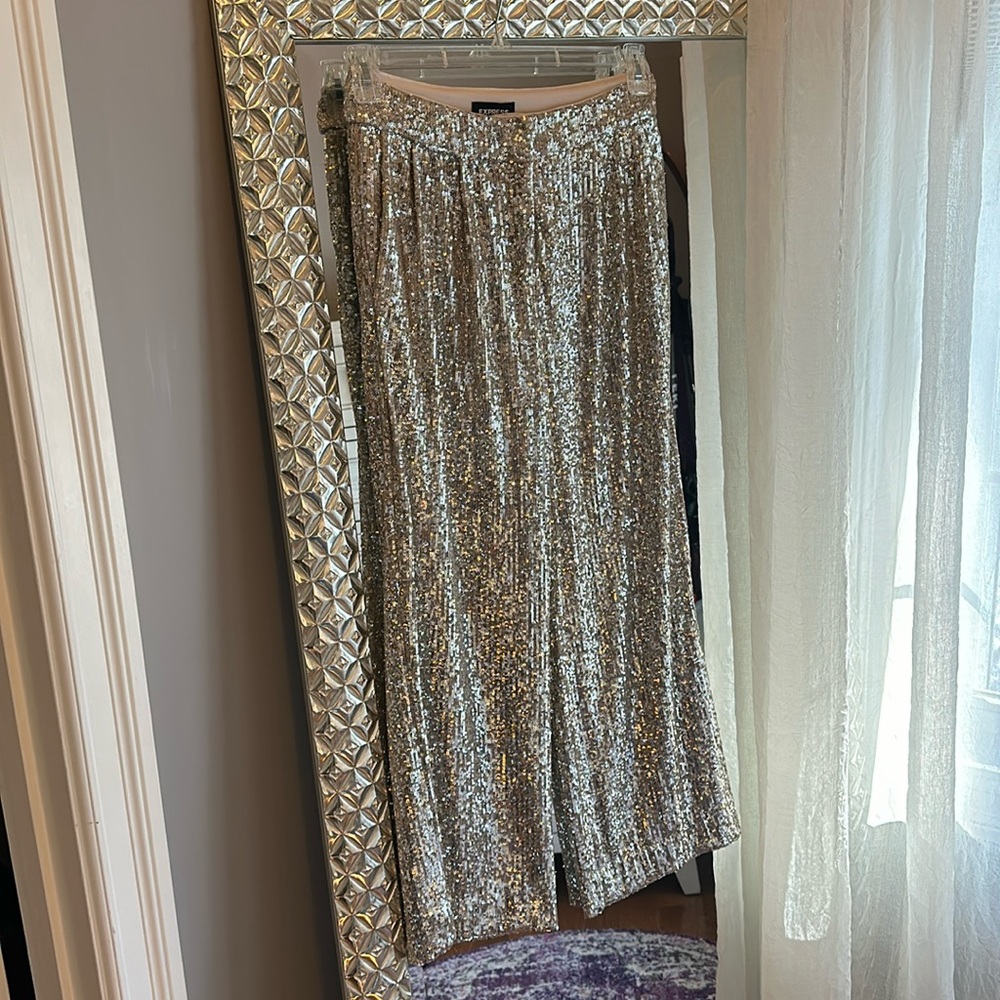 Express Sequin Wide Leg Cropped Pants